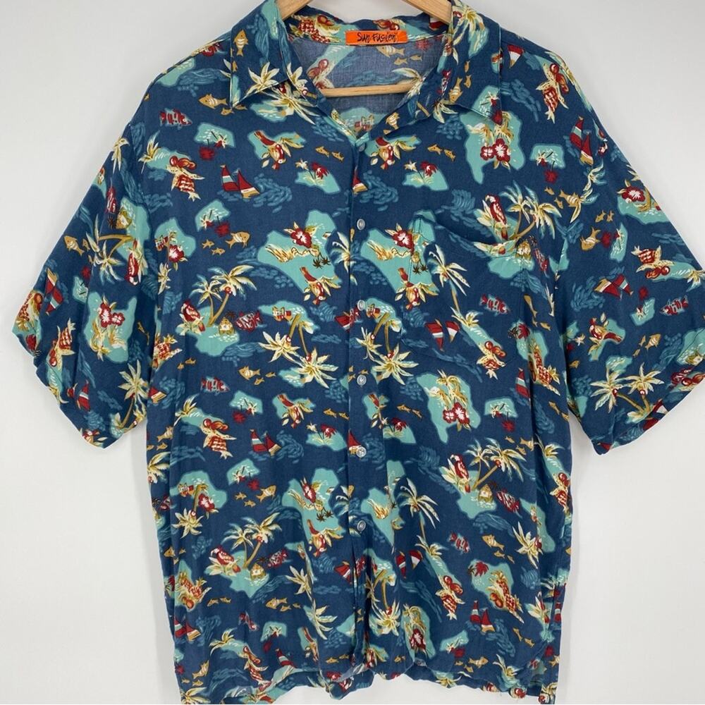 Men’s Blue Hawaiian Shirt Surf Fish Pineapple Waves‎ Print Vacation Whimsical XL